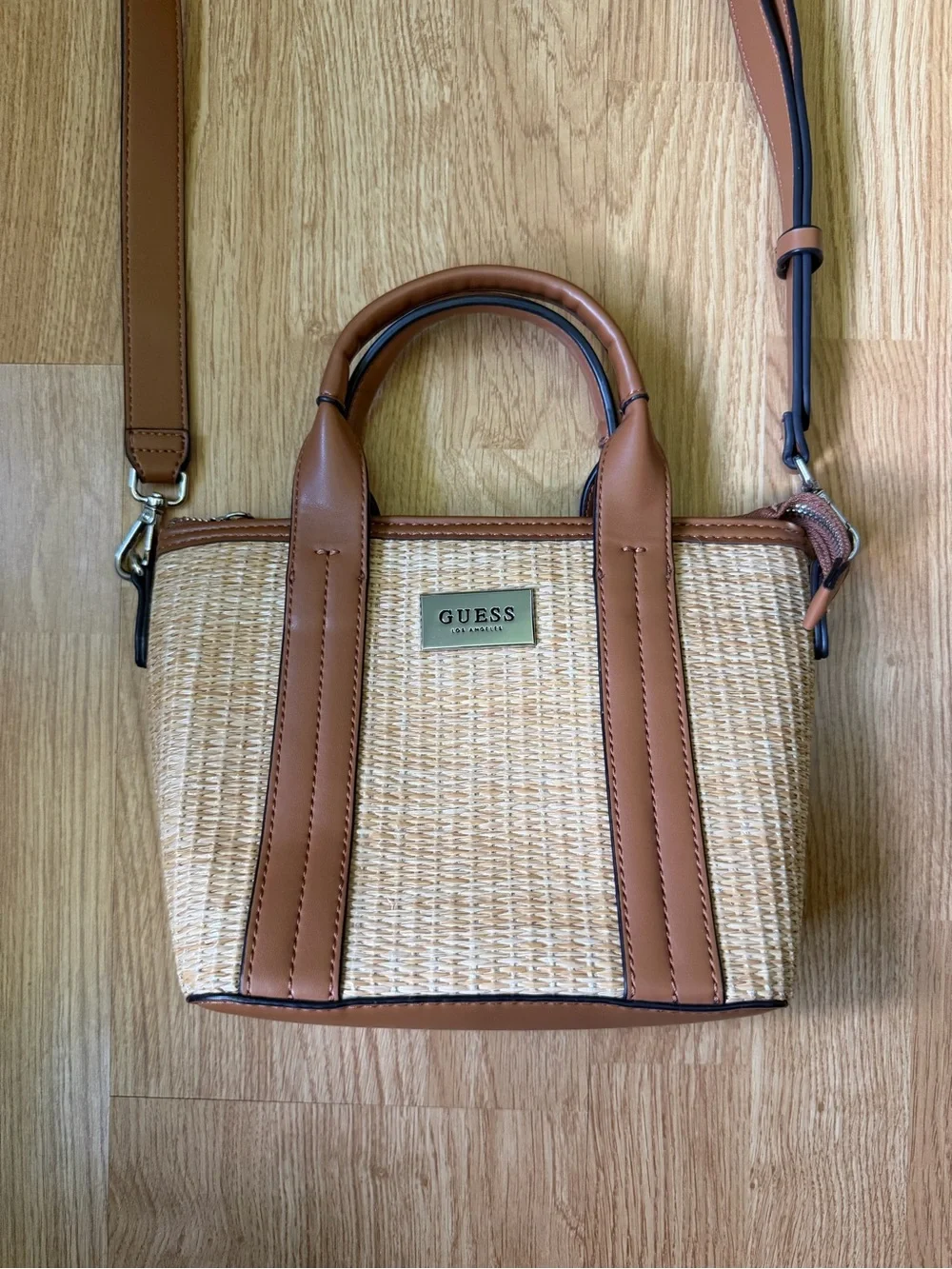 GUESS Brown and Tan Woven Crossbody Mini Purse